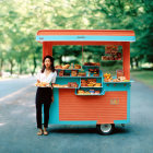 Young girl in yellow dress next to colorful snack cart with candies and chips on street