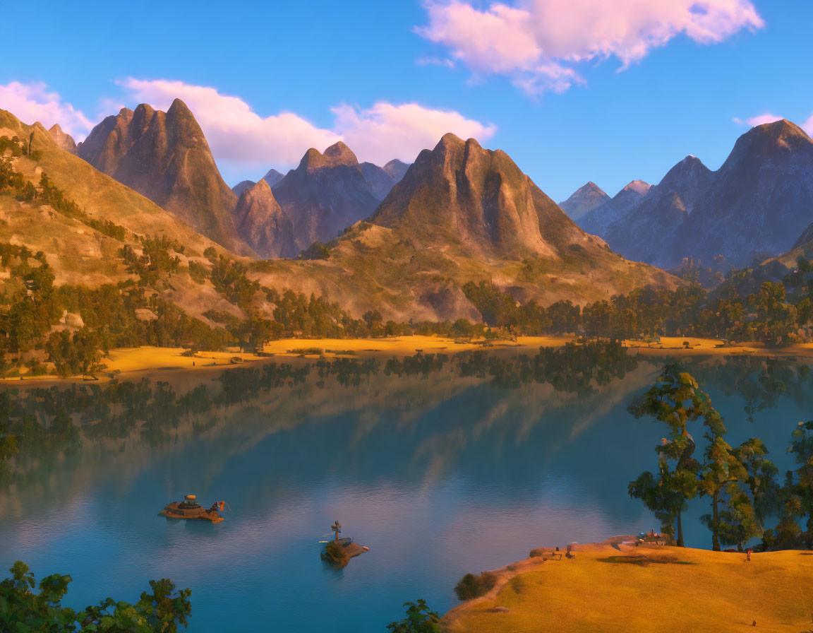 Tranquil lake scene with mountains, sky, and floating boats