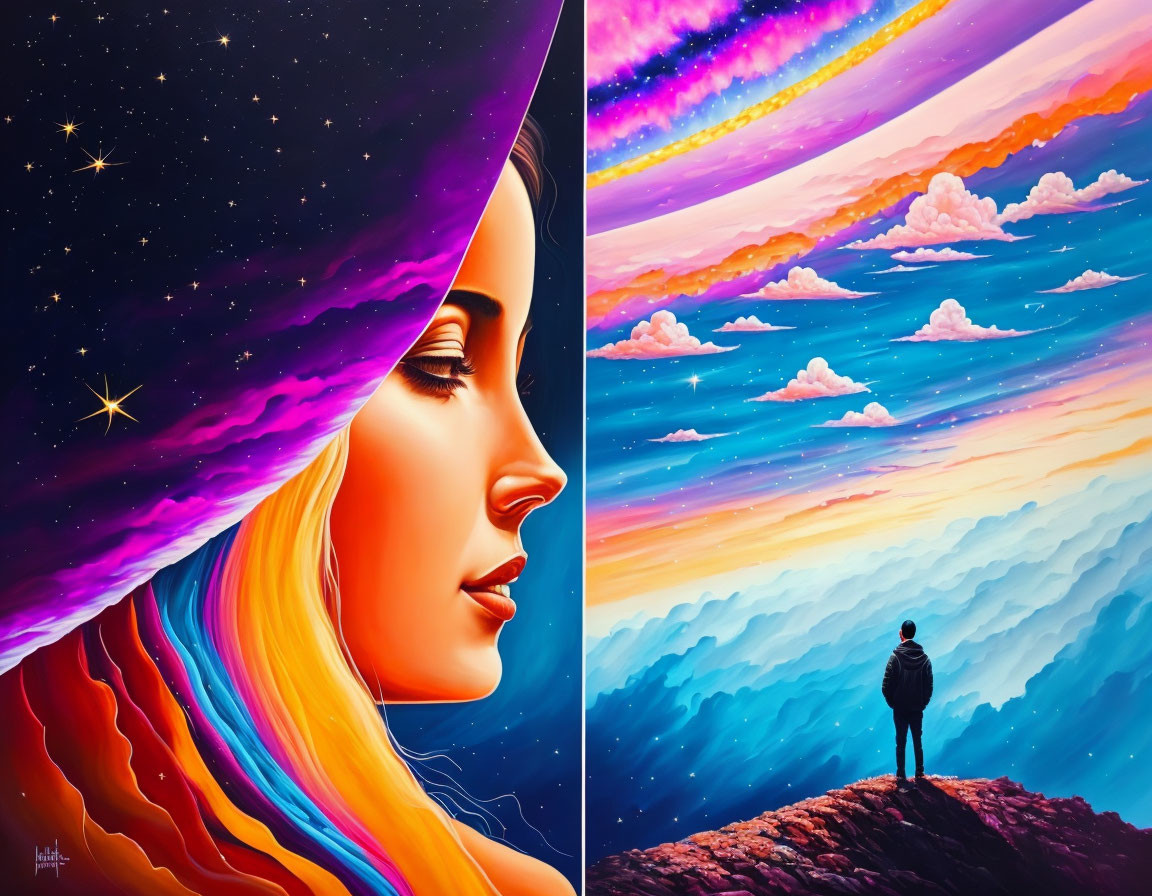 Colorful Woman Profile with Starry Hair & Mountainous Landscape Illustration