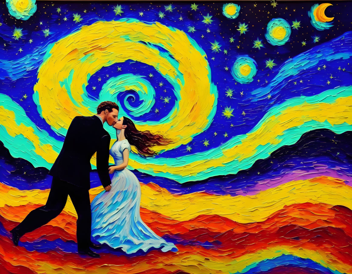 Romantic couple in dip pose against Starry Night backdrop