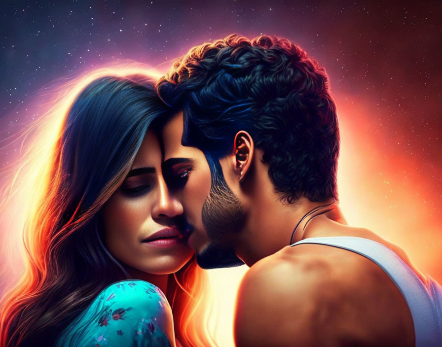 Romantic couple embracing in cosmic digital illustration