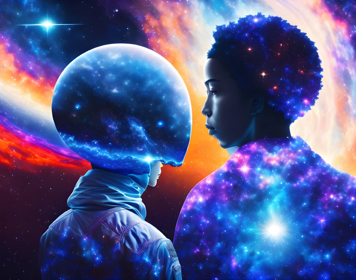 Cosmic-patterned person meets astronaut in vibrant galactic scene