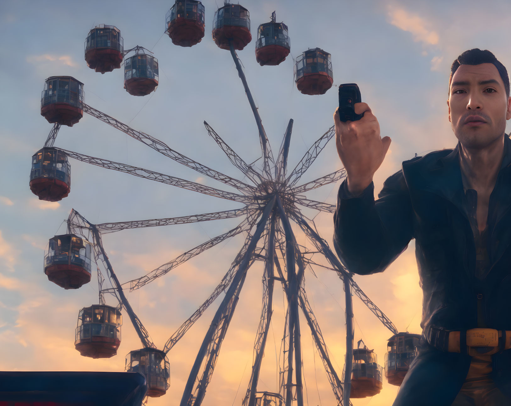 Digital artwork: Man holding gun with ferris wheel and cloudy sky.