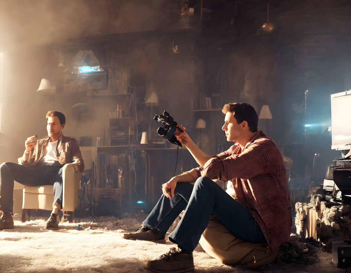 Vintage equipment in cluttered room with two men - one holding camera, other observing lightbulb in