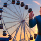 Digital artwork: Man holding gun with ferris wheel and cloudy sky.