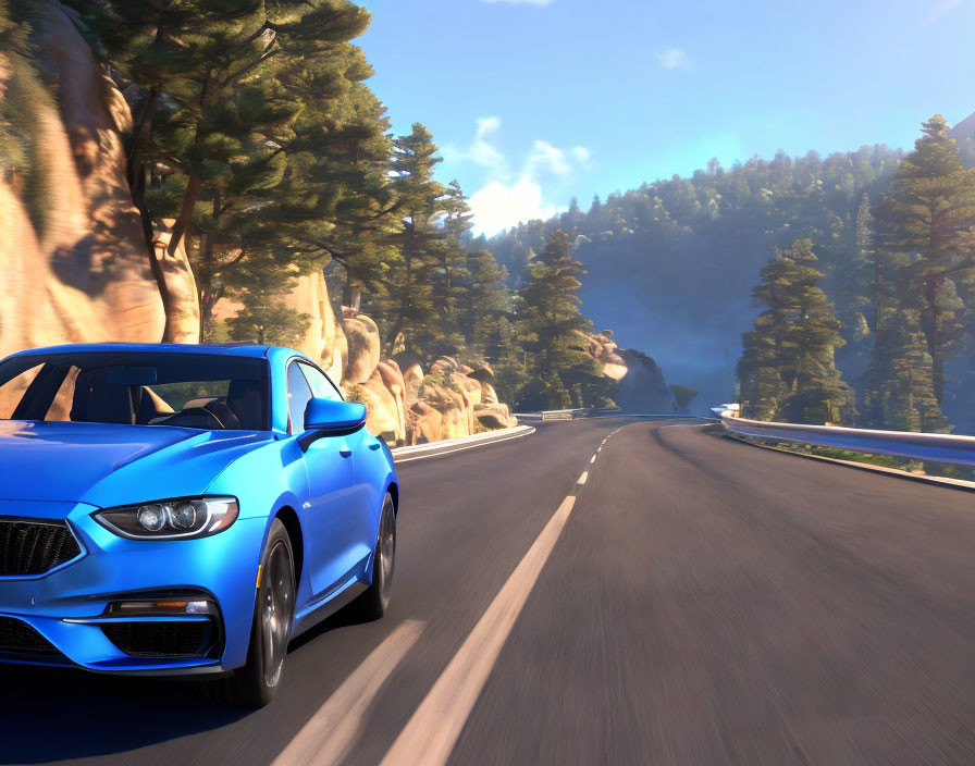 Bright Blue Car Driving on Sunny Mountain Road Among Pine Trees