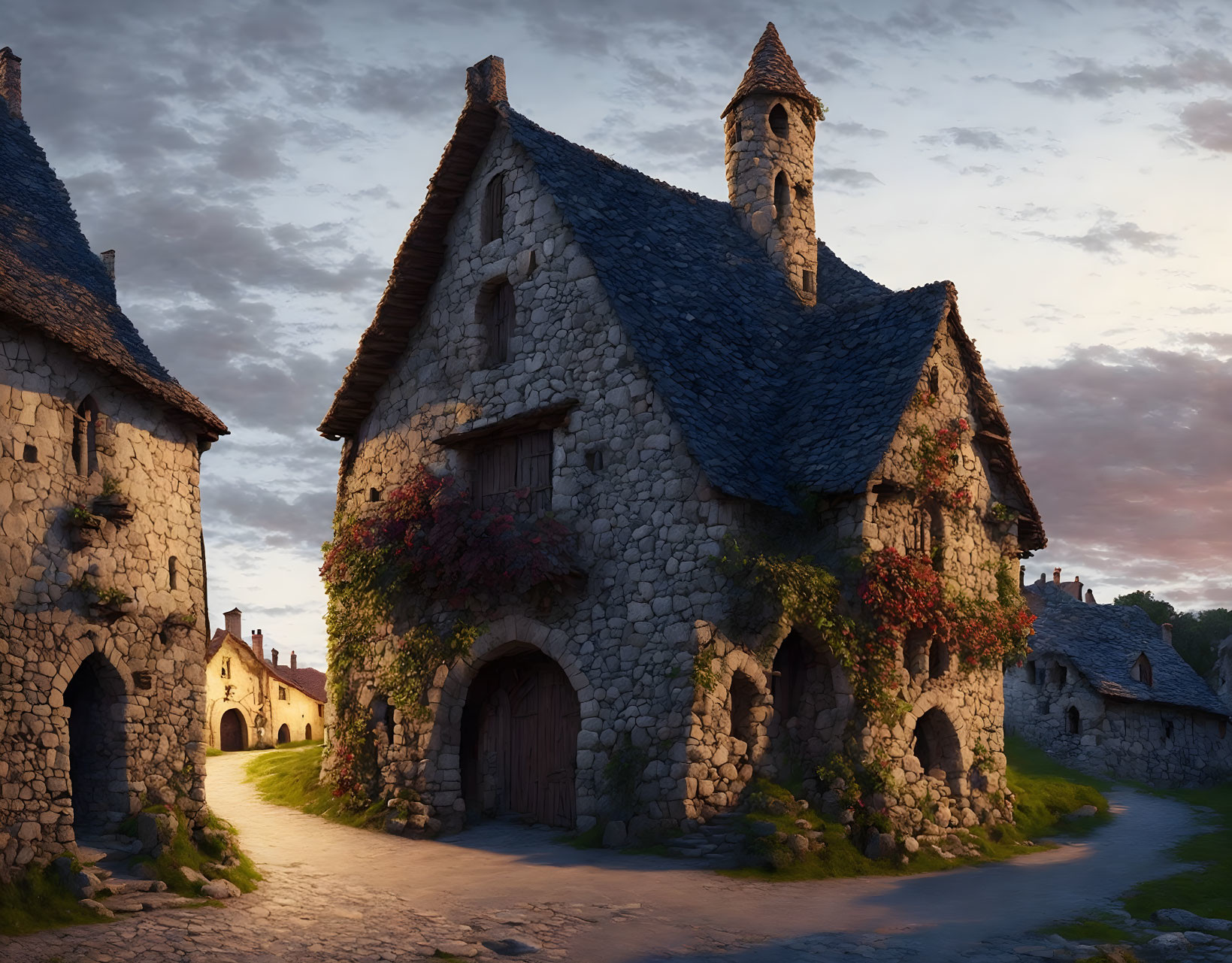 Stone village with thatched-roof houses and flowering vines at sunset