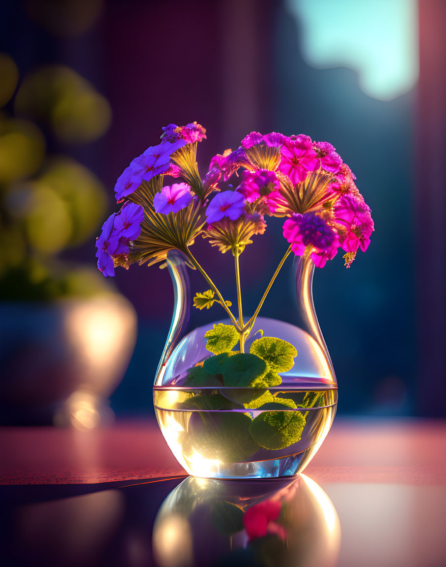 Purple Flowers in Clear Vase with Sunlight Illumination