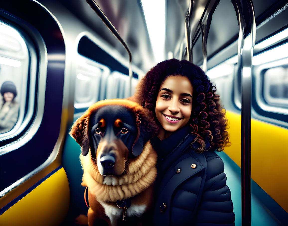 Curly-haired woman and dog in scarf on vibrant subway train