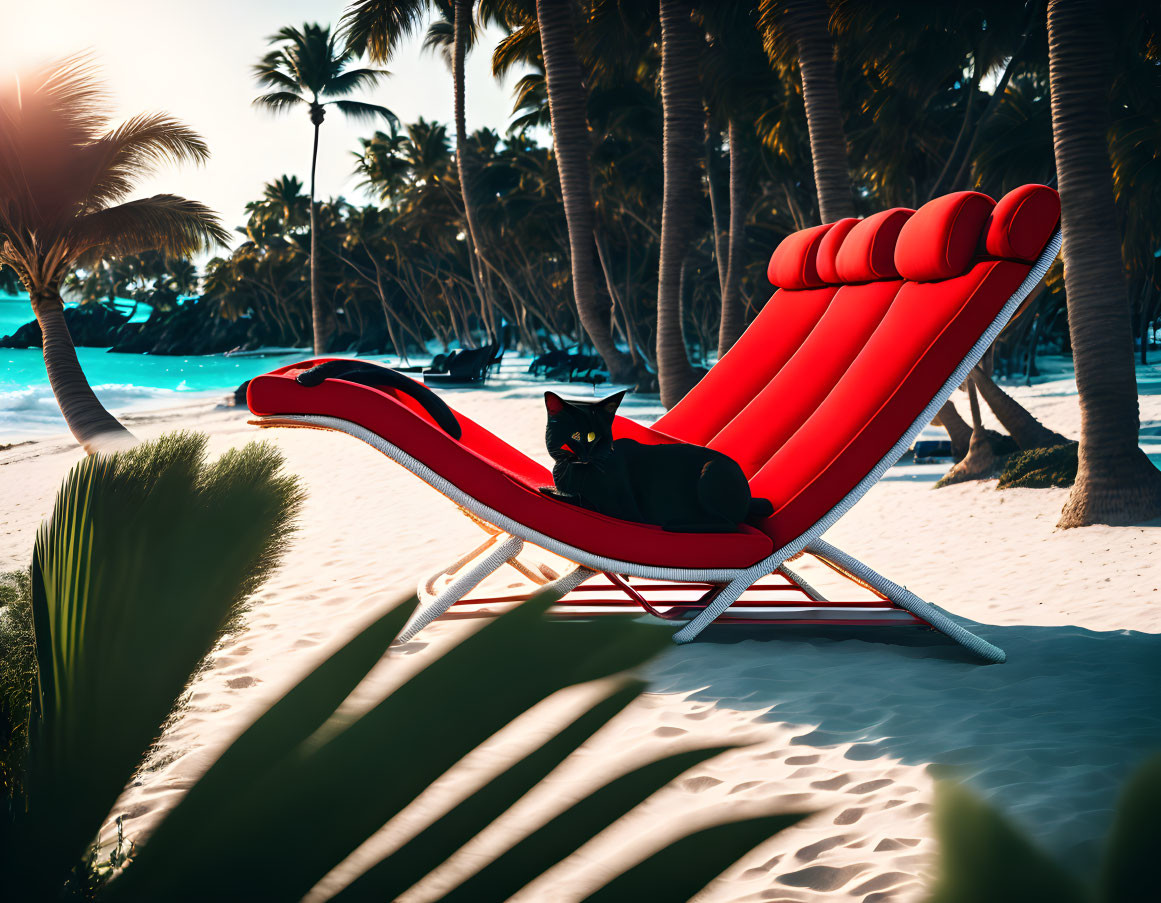 Black cat on red beach chair with palm trees and ocean in background