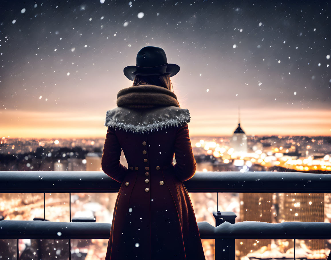 Person in Red Coat on Snowy City Balcony at Night