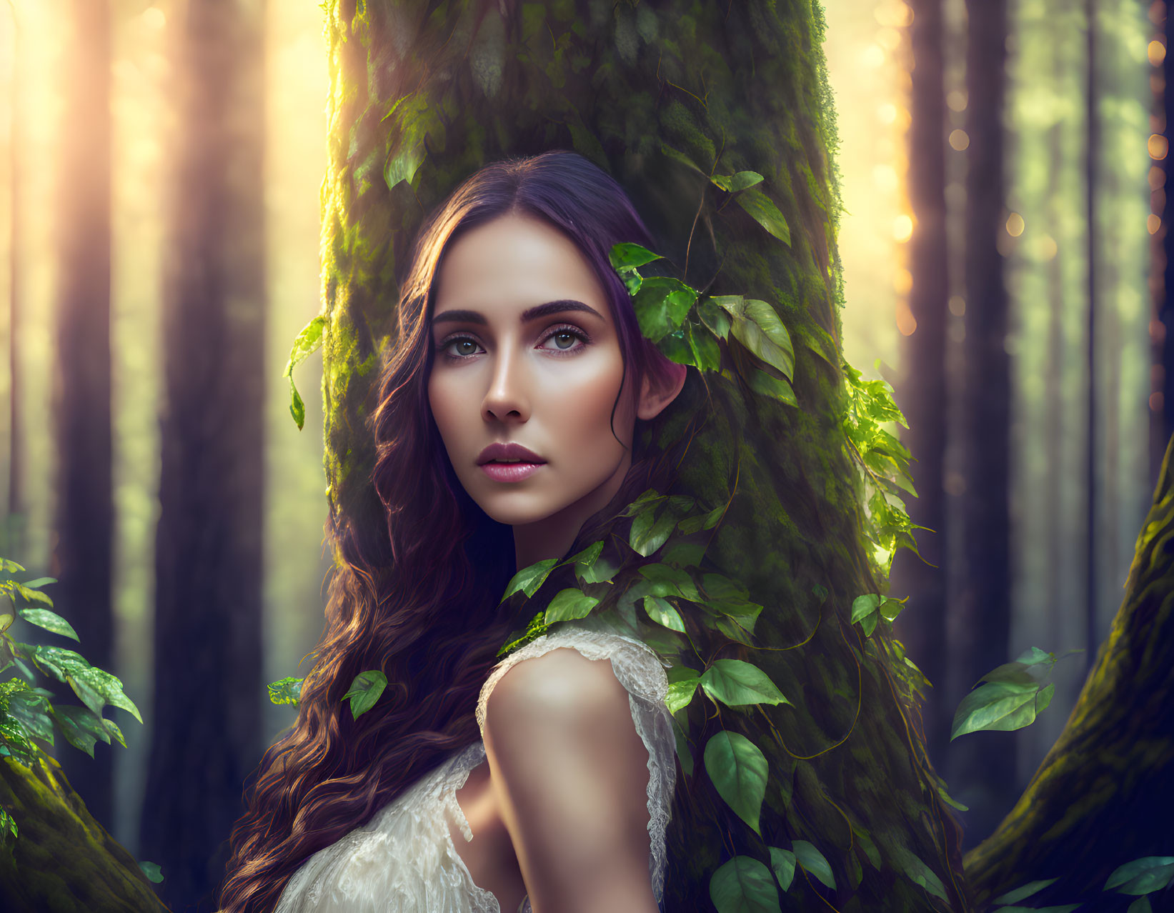 Long-haired woman posing next to green tree in forest sunlight.