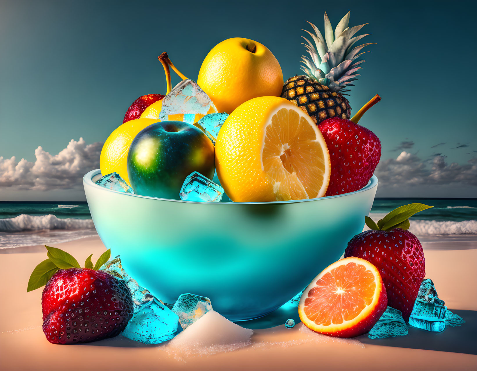 Assorted Fresh Fruits Bowl on Beach Background