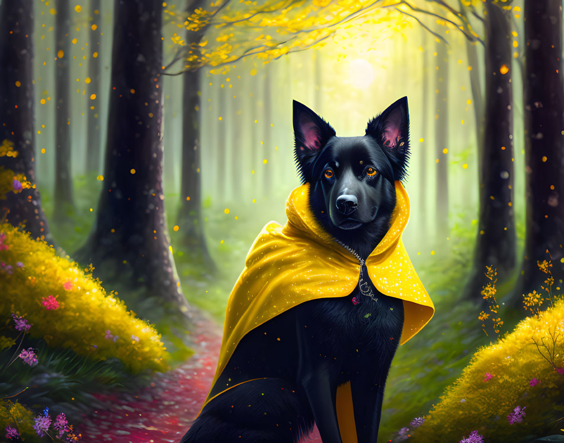 Black Dog in Yellow Cloak in Mystical Forest with Blooming Flowers