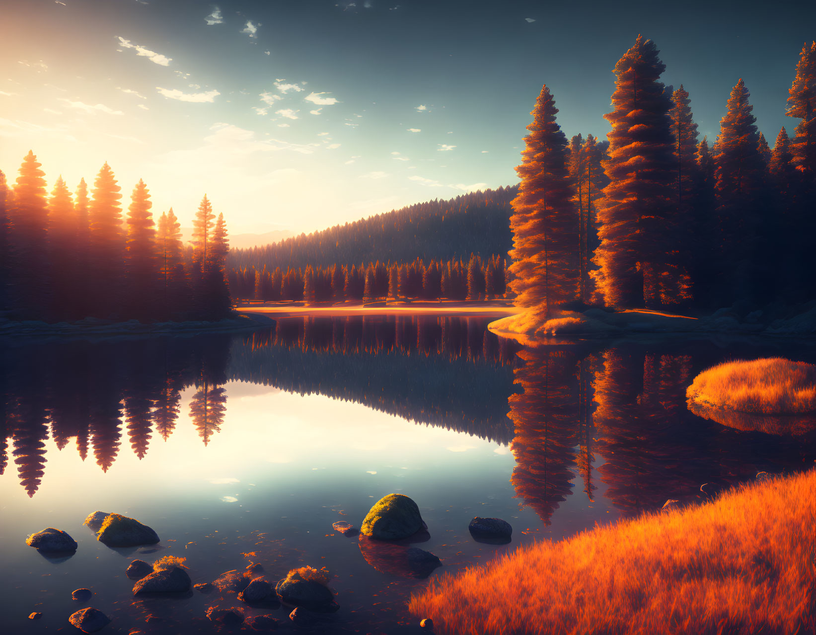 Tranquil sunset scene: pine trees, calm lake, rocks.