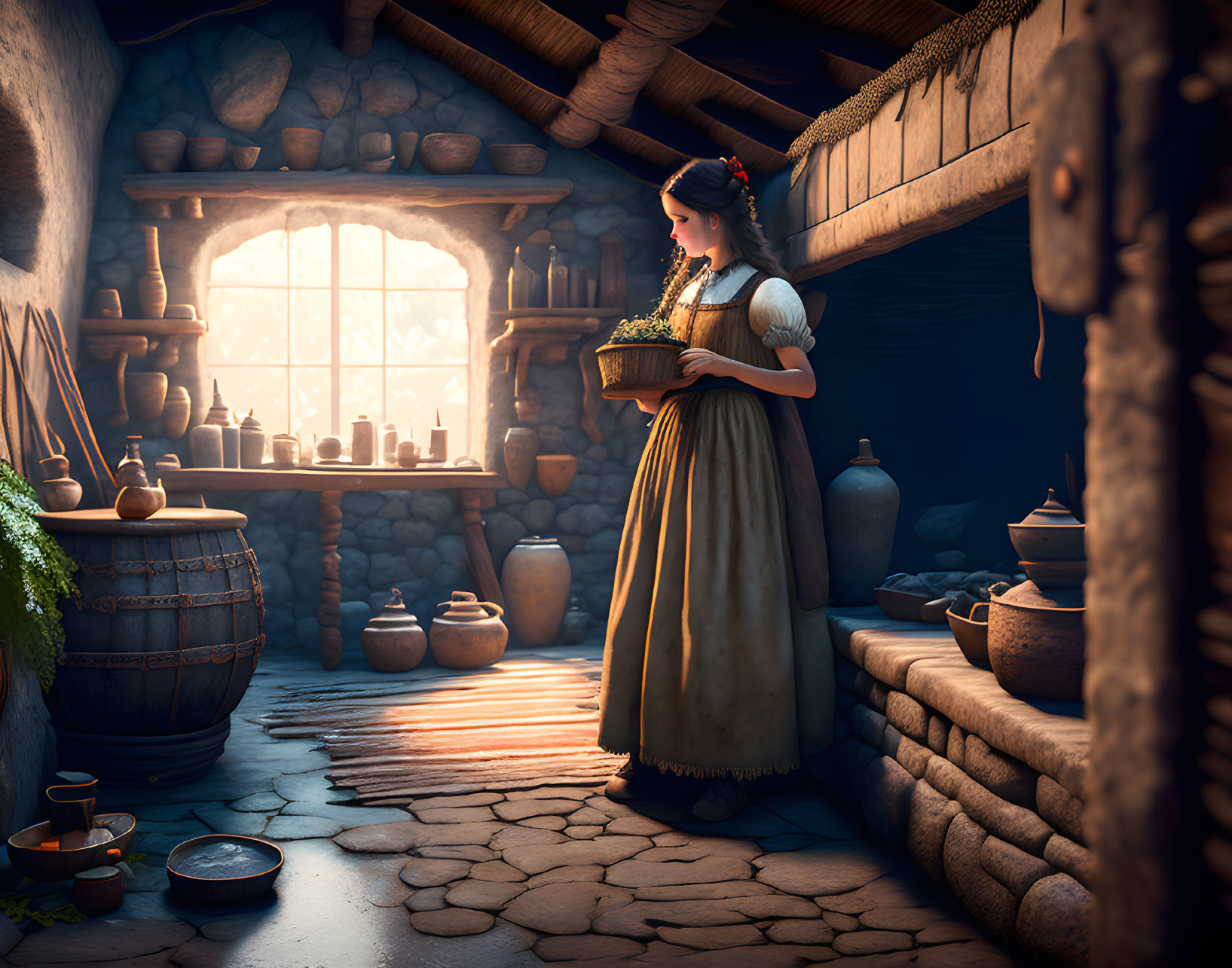 Traditional dressed woman in rustic cabin kitchen with sunlight streaming in