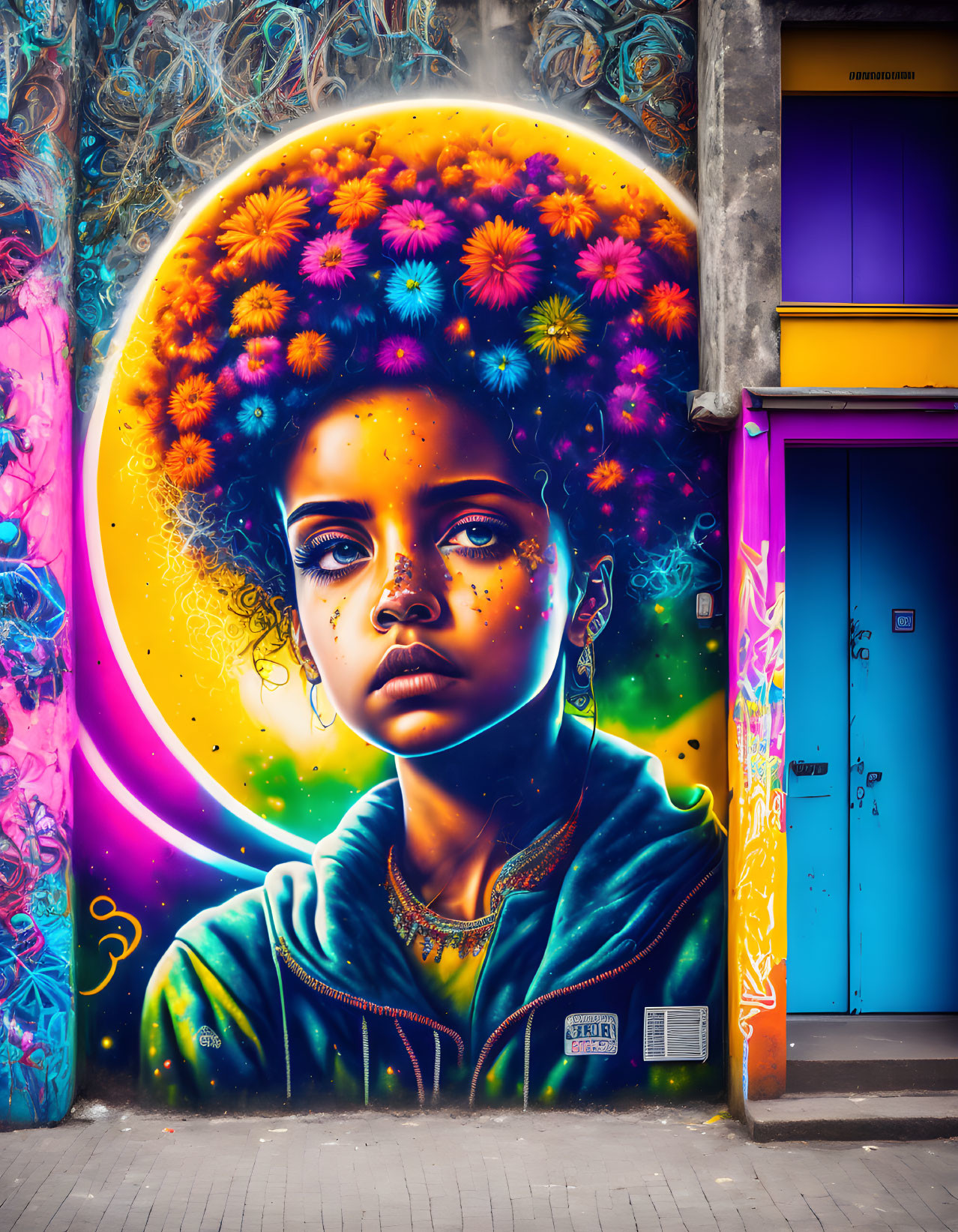 Colorful girl mural with floral halo and starry patterns on urban door backdrop