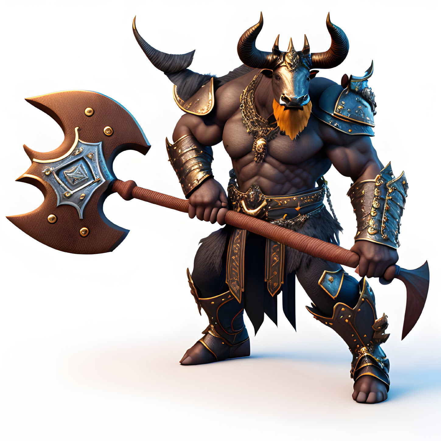 Muscular Minotaur Warrior in Ornate Armor with Large Axe and Symbol on White Background