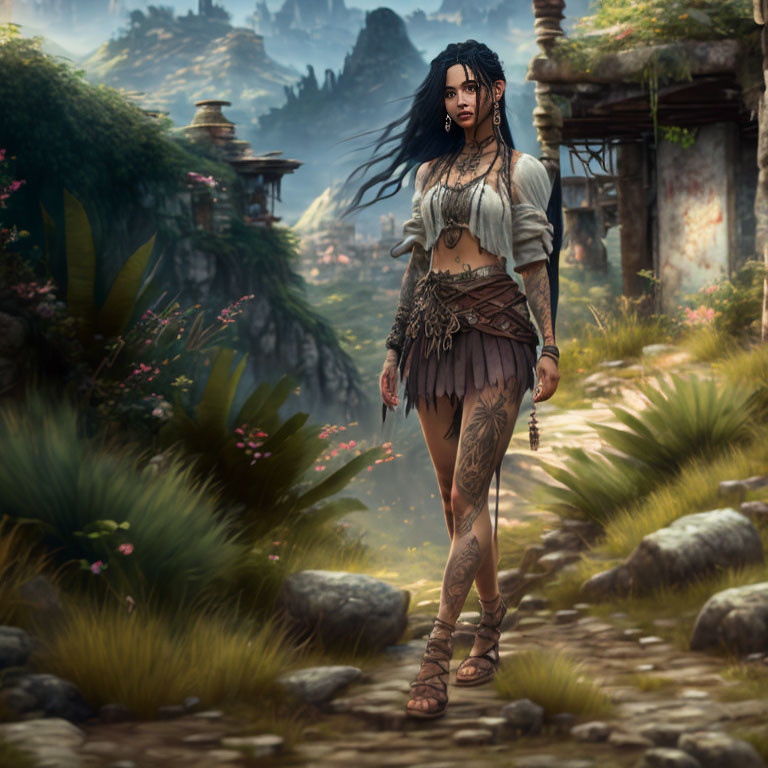 Digital artwork: Woman in fantasy attire with tattoos, ancient ruins, lush landscape