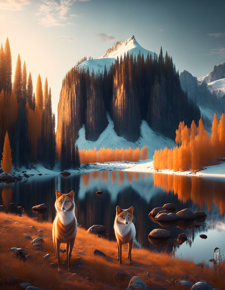 Foxes by mountain lake at sunrise with autumn trees and snow-capped peaks