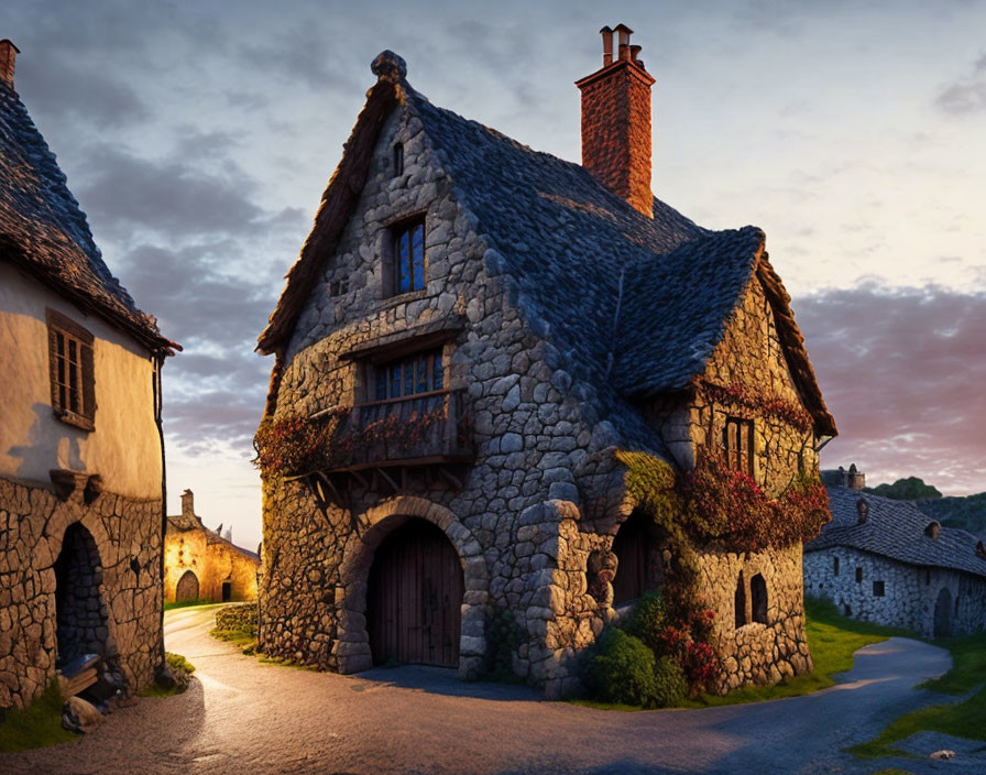 Stone cottage with thatched roof in village at dusk