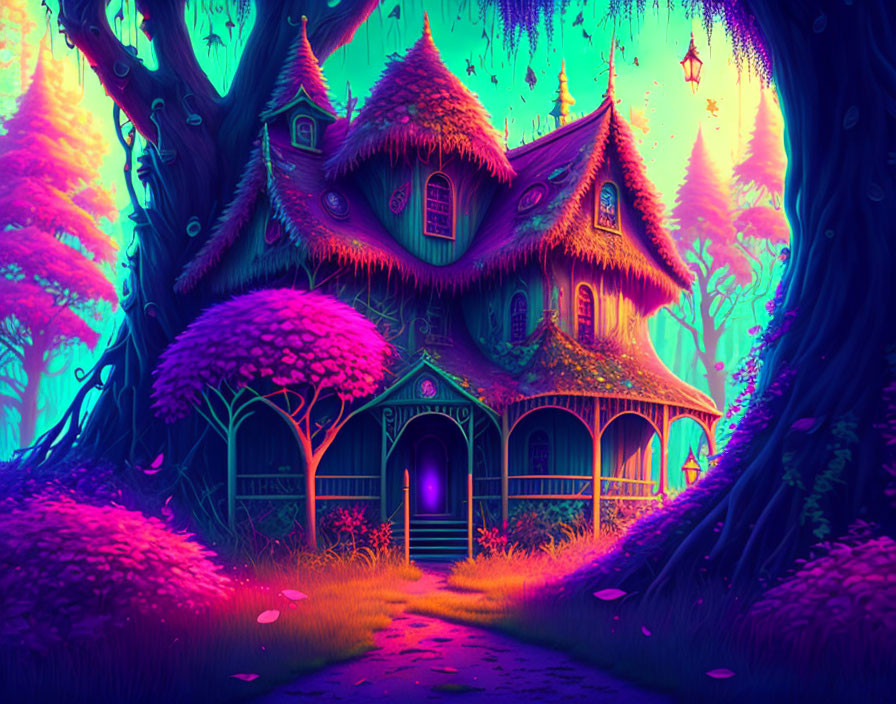 Fantasy Cottage in Enchanted Forest with Neon Colors