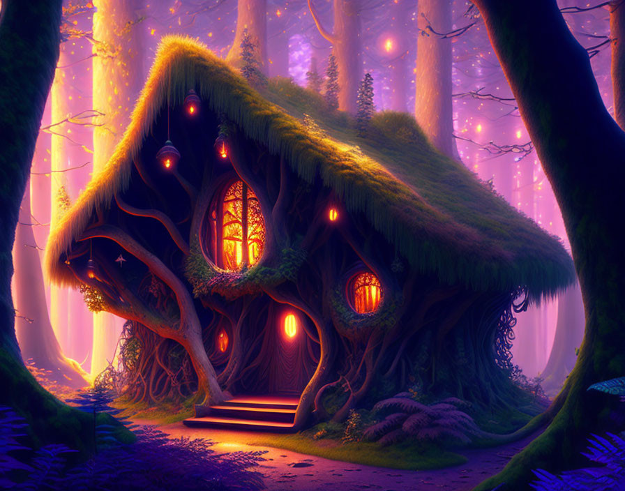 Whimsical treehouse in vibrant purple forest landscape