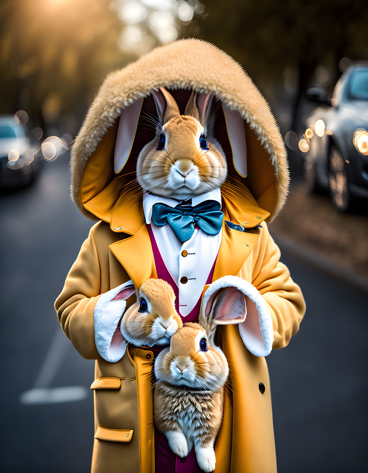 Person in Rabbit Mask with Live Rabbits in Pockets on City Street