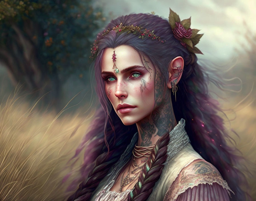 Female elf portrait with braided hair, tattoos, piercing eyes, and ornate jewelry in mystical setting