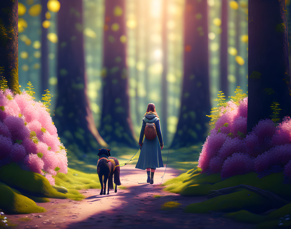 Woman and Dog Walking on Forest Path with Sun Rays and Pink Flowers