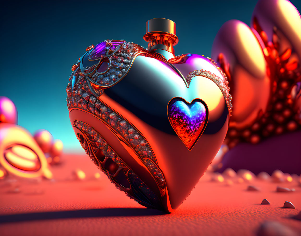 Colorful 3D illustration of heart-shaped perfume bottle