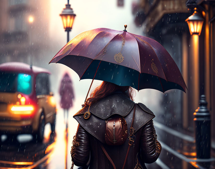 Person with ornate umbrella on rainy city street with blurred pedestrians & traffic.