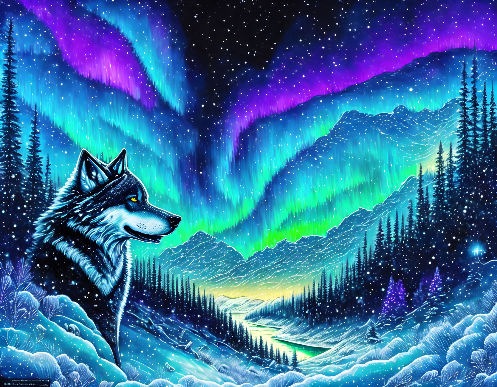 Vibrant Husky Profile with Aurora Borealis and Winter Landscape