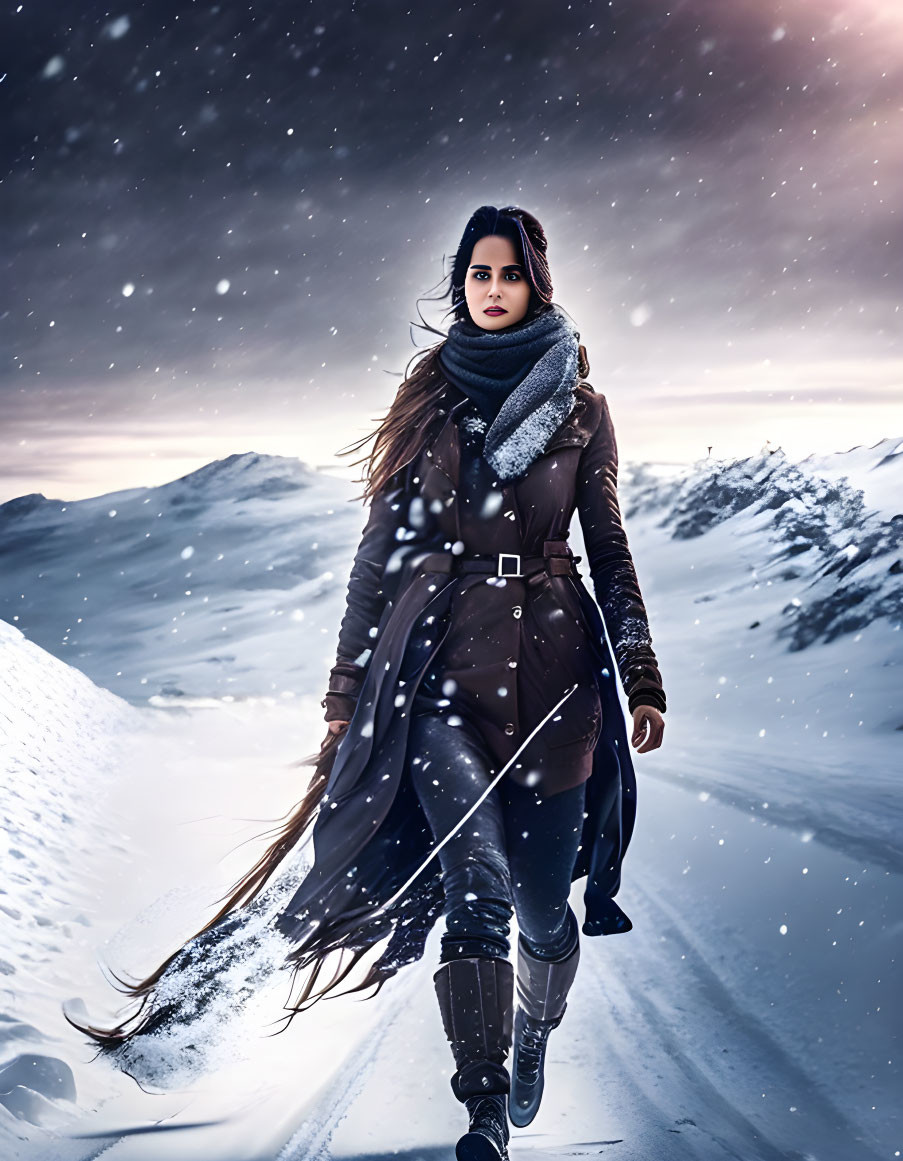 Woman walking in snowy landscape with mountains and falling snowflakes.