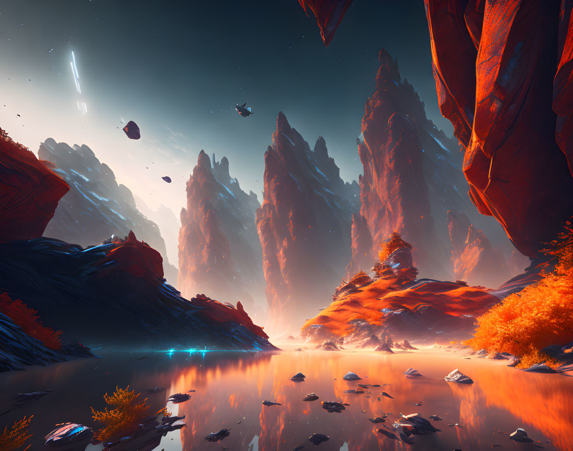 Alien landscape with red rock formations, orange foliage, reflective water, floating rocks, and starry