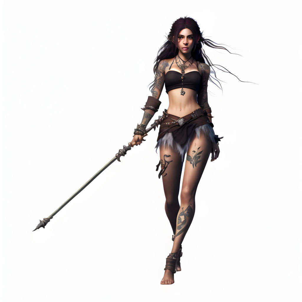 Female warrior digital artwork with long black hair, tattoos, tribal attire, and staff on white background