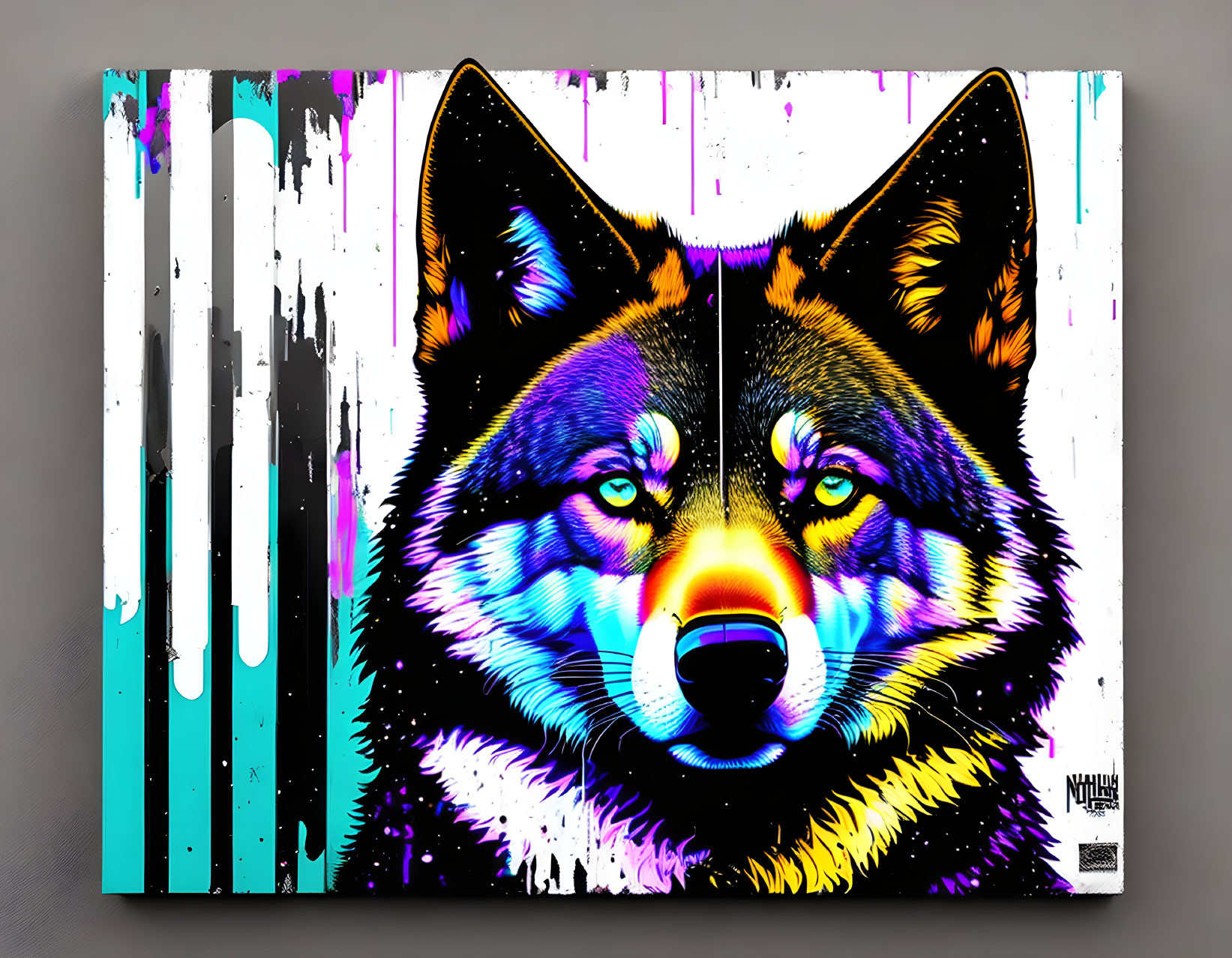 Neon-colored wolf artwork with abstract paint drips on canvas