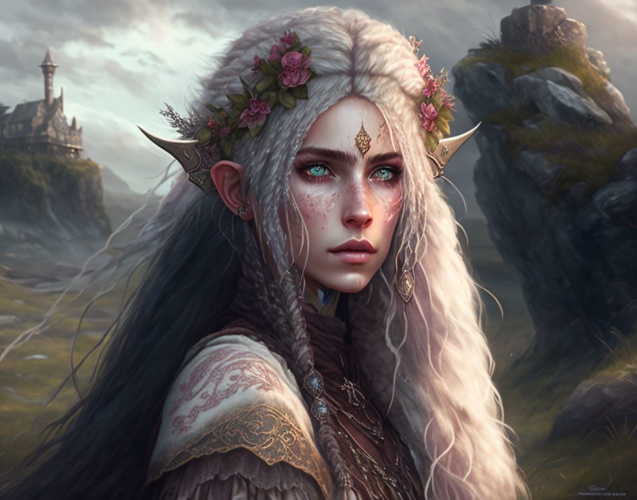 White-haired fantasy elf in floral jewelry before misty castle landscape