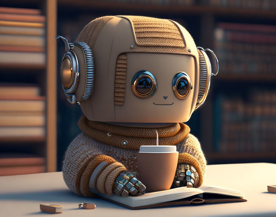 Anthropomorphic robot in cozy attire with coffee cup, books, and biscuits in warm library setting