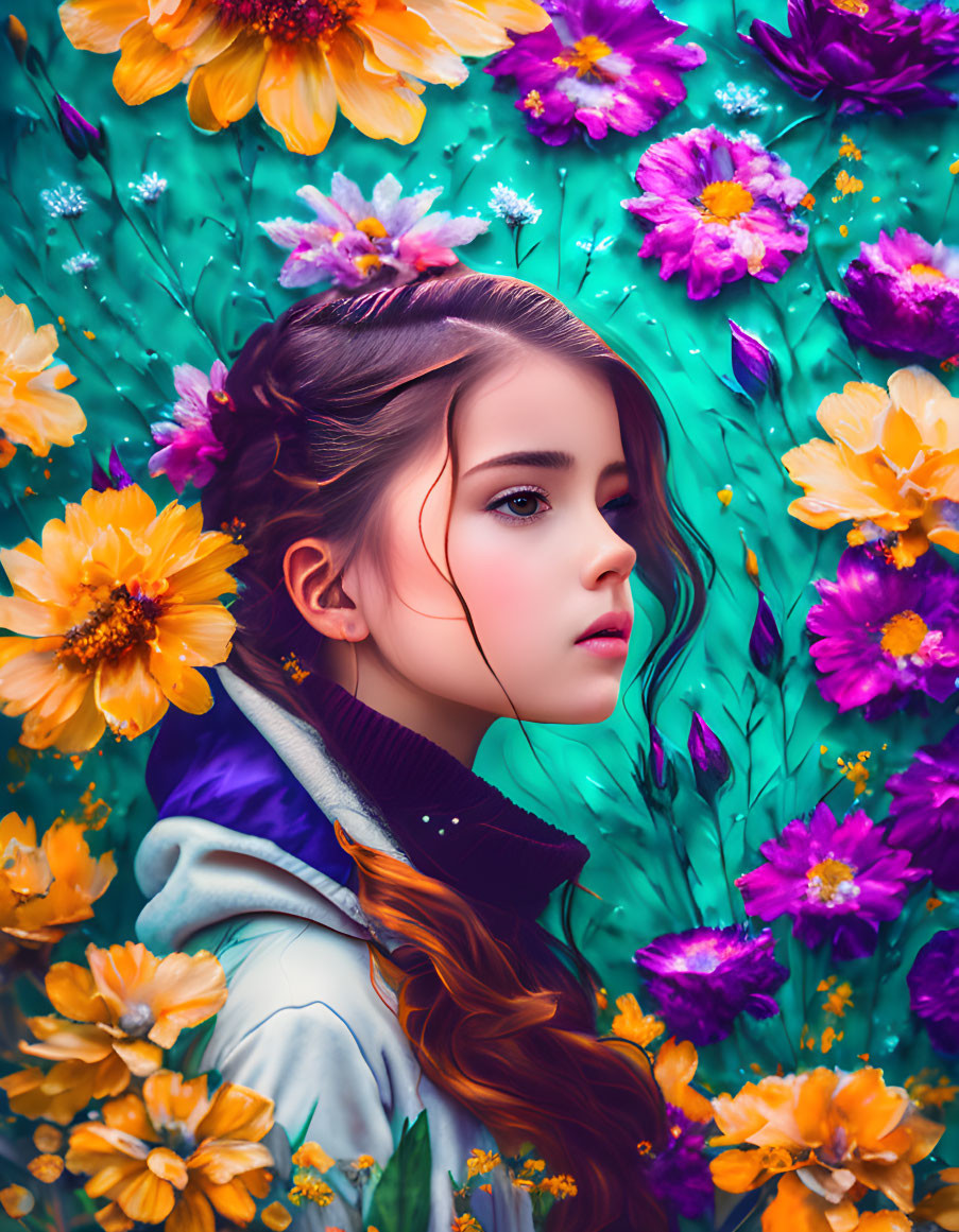 Young girl with elegant braided hairstyle in vibrant field of multicolored flowers