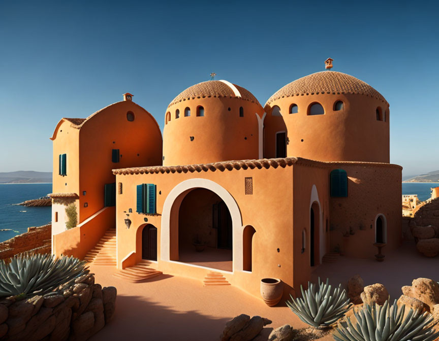 Terracotta domed buildings with blue windows by the sea and desert plants