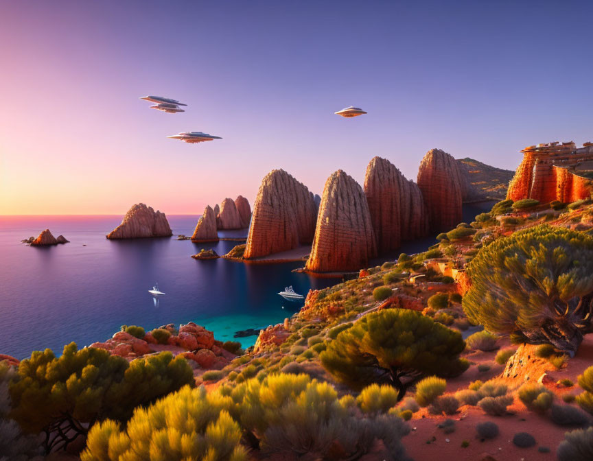 Coastal sunset scene with red rock formations, boats, and flying vehicles