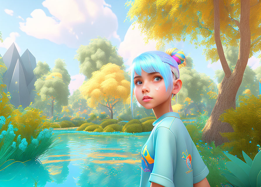 Vibrant digital artwork of young girl by serene lake