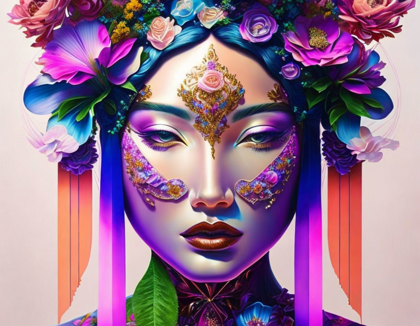 Colorful digital portrait of a woman with floral crown & intricate facial decorations