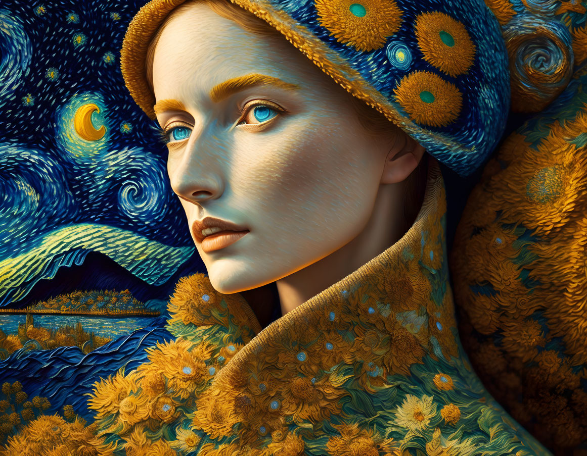 Artwork blending woman's portrait with Starry Night and Sunflowers in vibrant colors.