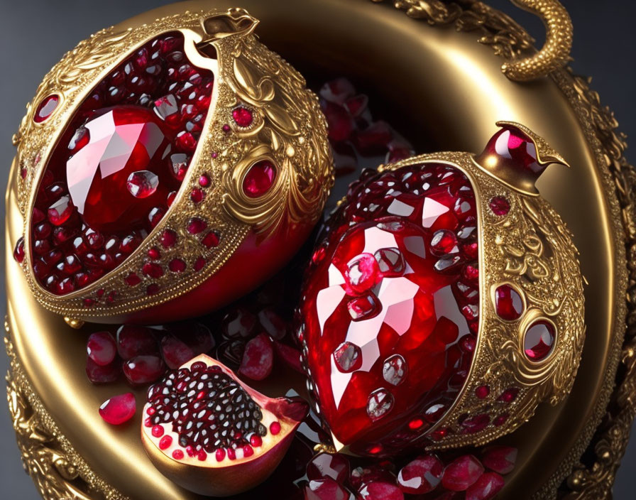 Ornate gold pomegranate jewels with garnet and gemstone seeds