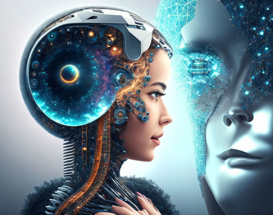 Female humanoid robot profile with cosmic galaxy pattern - digital artwork