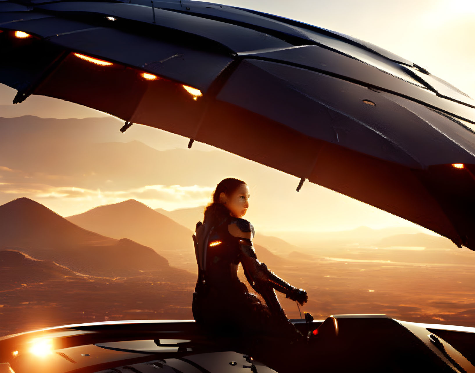 Futuristic figure in spacecraft hatch views sunset over mountains