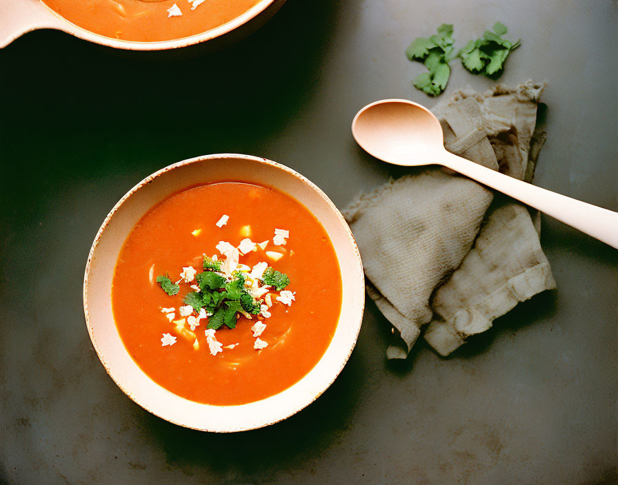 Creamy Tomato Soup with Herbs and Cheese Garnish