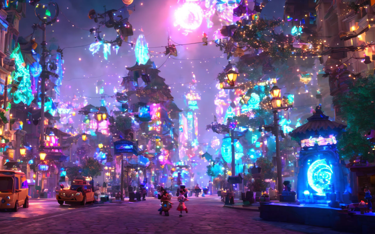 Colorful animated street scene with twinkling lights and floating elements at dusk